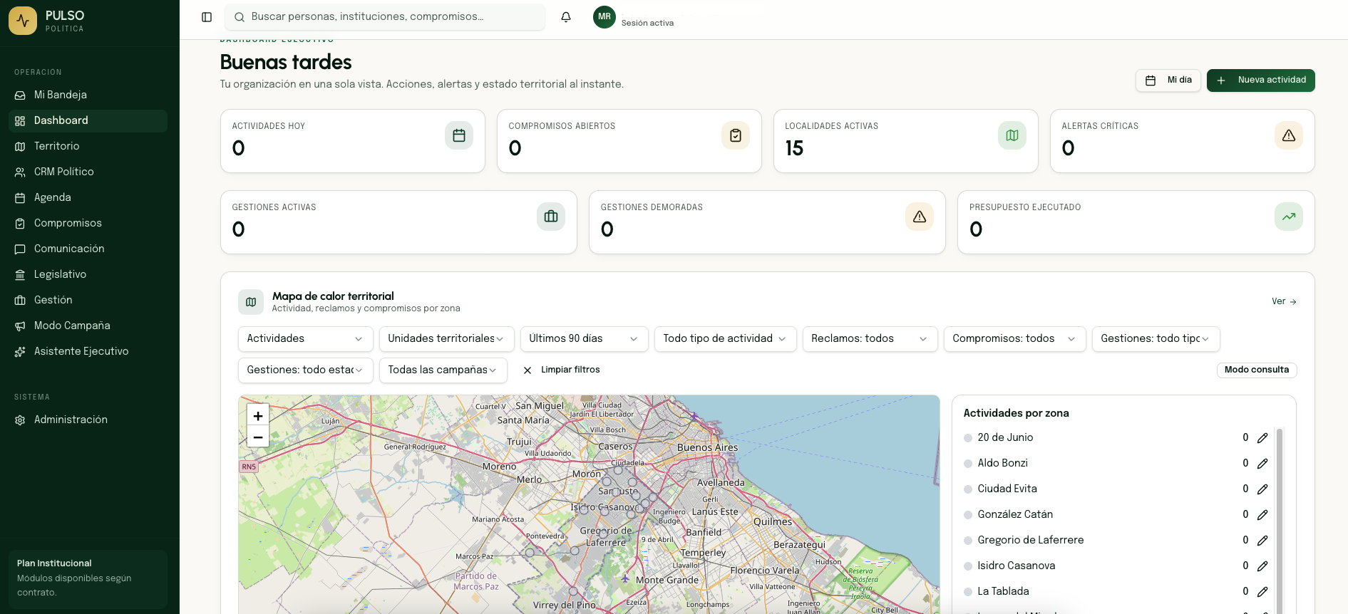Dashboard de PULSO Política mostrando KPIs, mapa de campaña y línea de tiempo