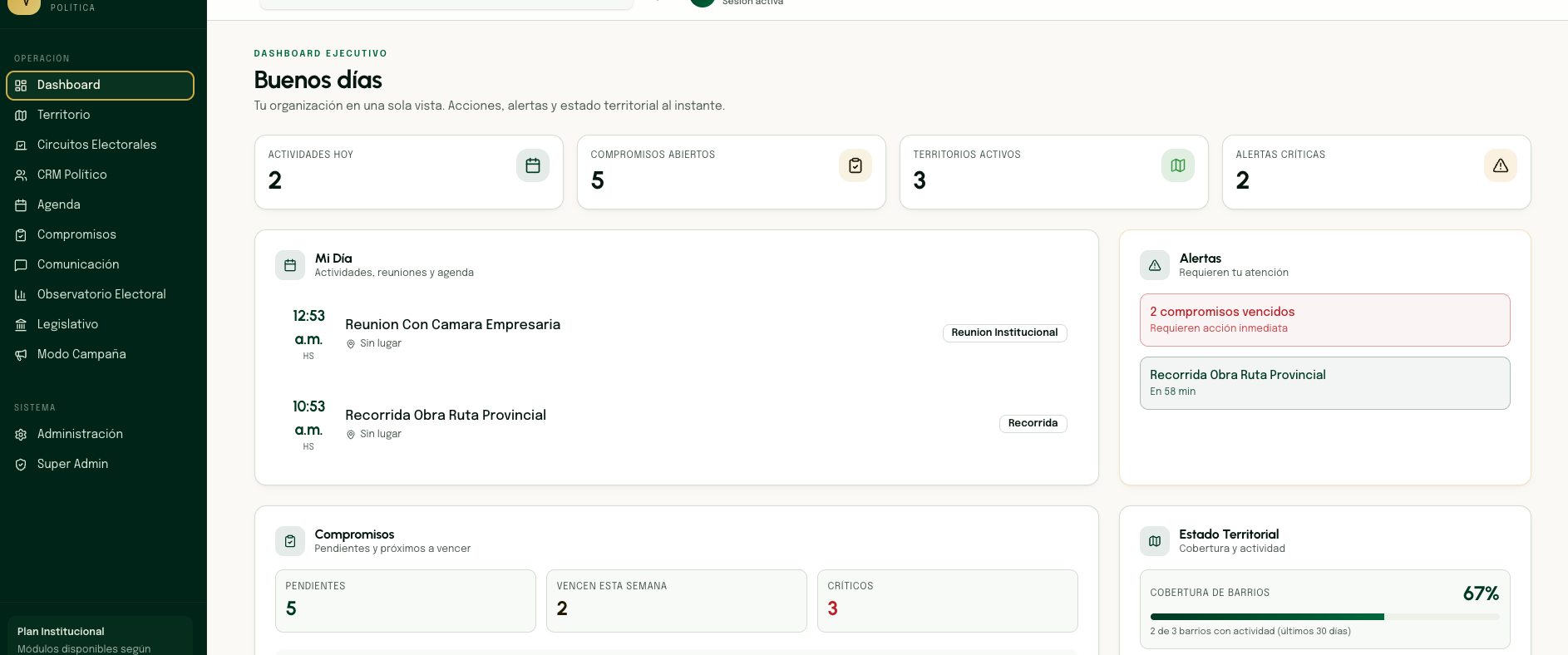 Dashboard de PULSO Política mostrando KPIs, mapa de campaña y línea de tiempo